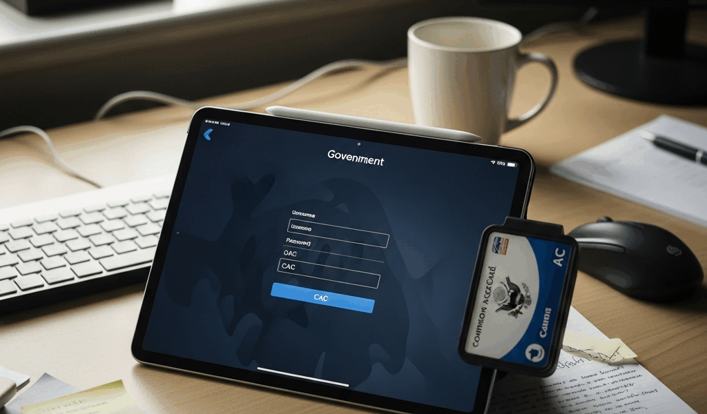 ipad with cac smart card reader attached showing government 20260331 094151