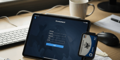 ipad with cac smart card reader attached showing government 20260331 094151