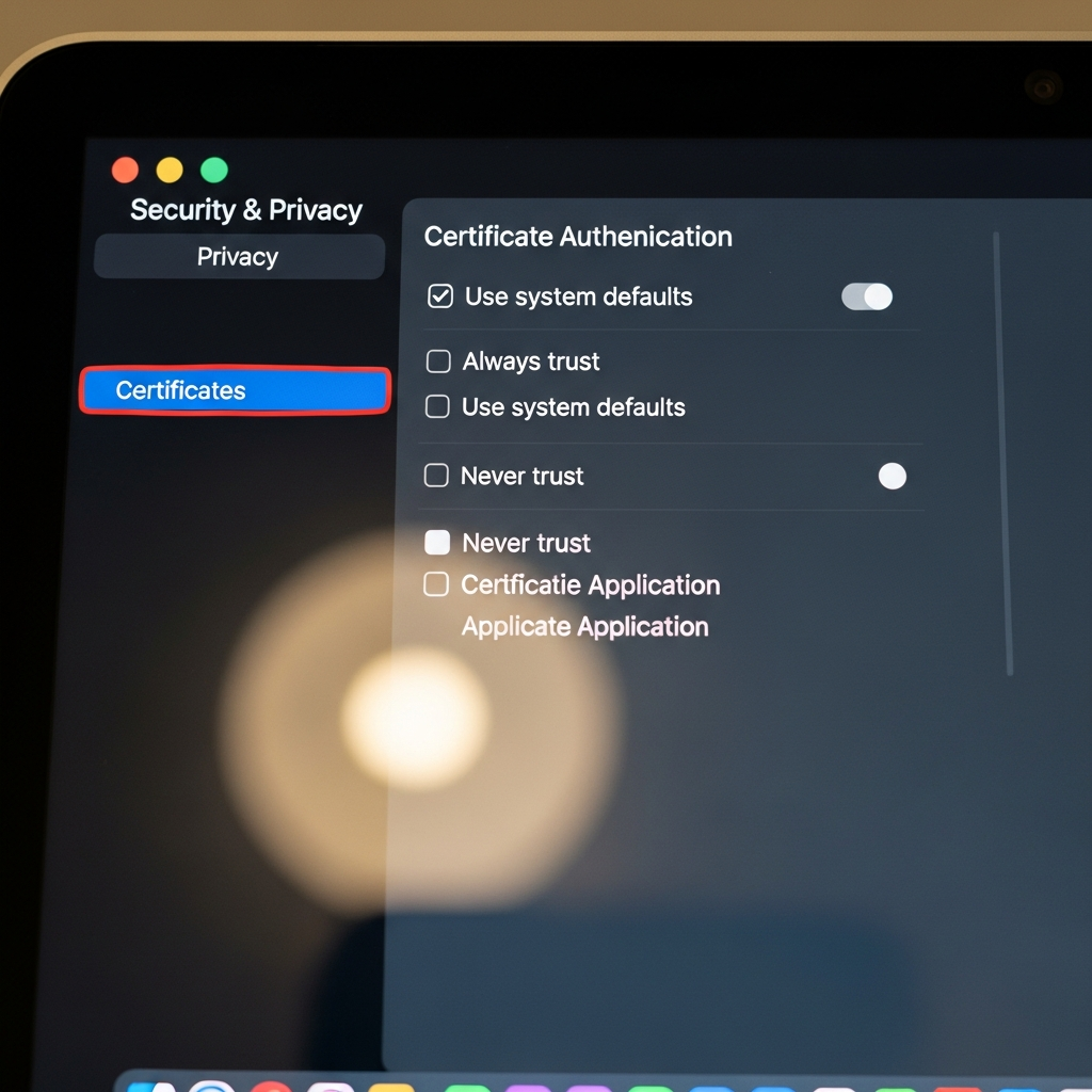 Mac system preferences security settings screen showing certificate authentication options