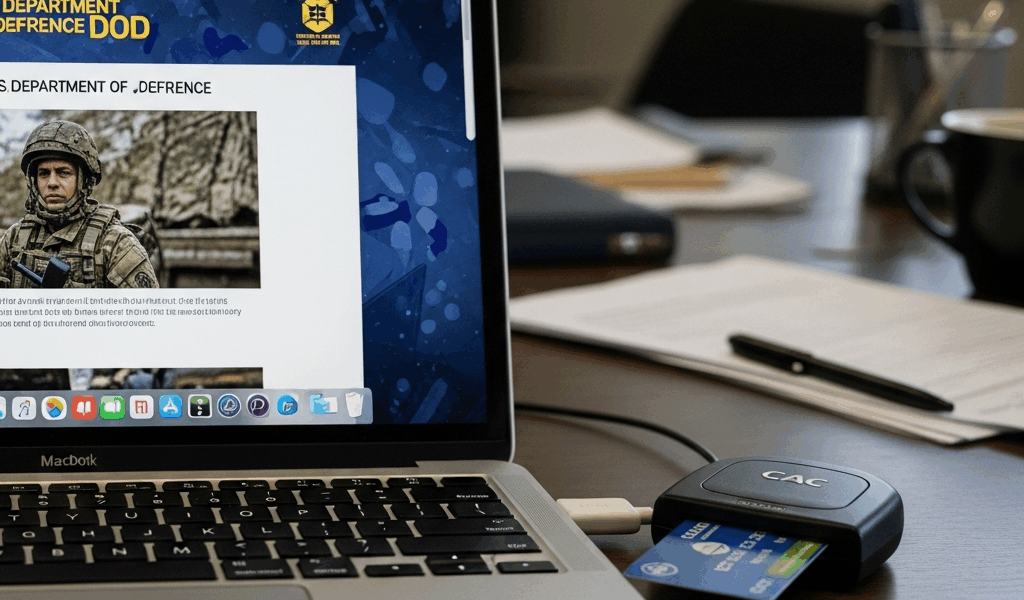macbook laptop displaying dod military website with cac card 20260331 094141