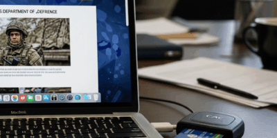 macbook laptop displaying dod military website with cac card 20260331 094141