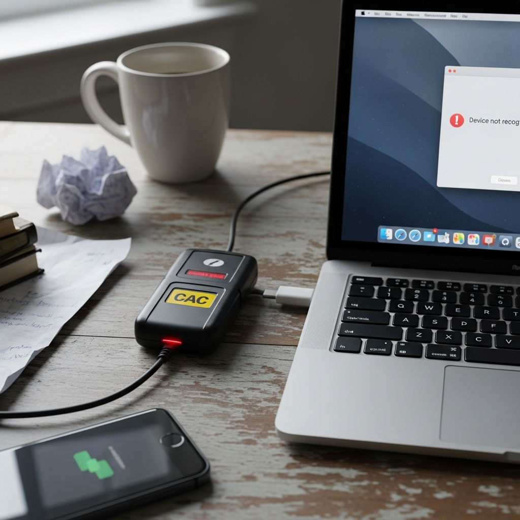 Military CAC smart card reader connected to MacBook, troubleshooting setup on desk